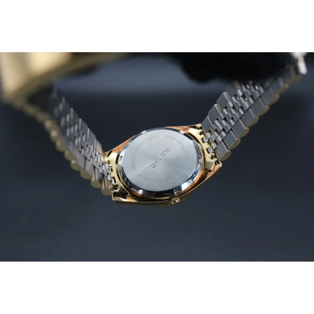 NOS Gruen Precision Quartz Day Date 36mm Box Papers Gold Tone Runs